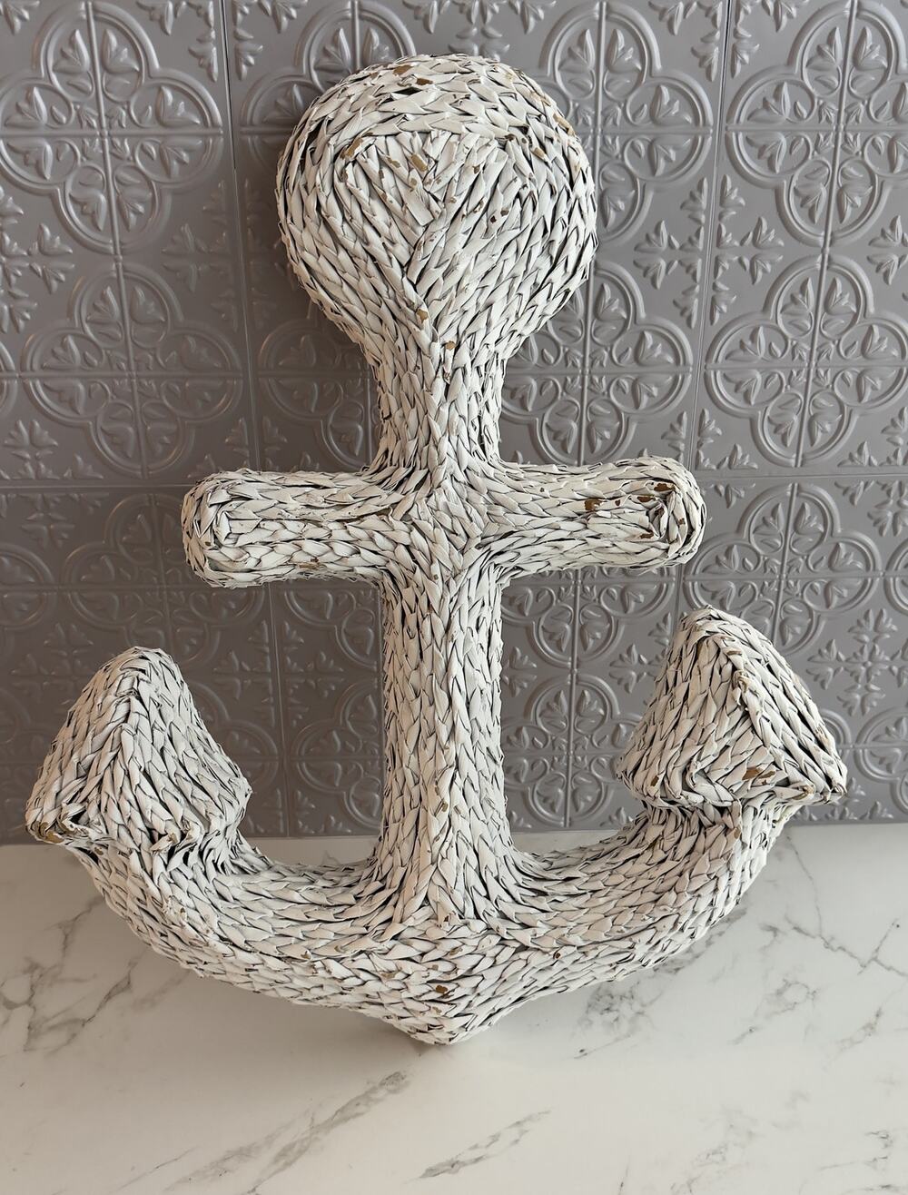Nautical White Faux Wicker Anchor Wall Hanging Decor Distressed Coastal Beach
